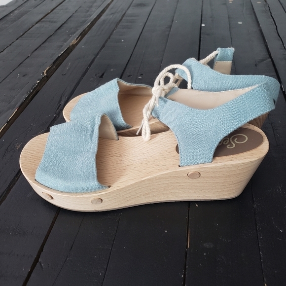 Sedette Sandal Co. Women's 7.5 Wooden Clog Sandals Blue Linen Straps Boho - Picture 2 of 11